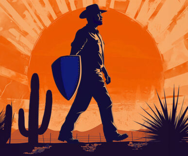 A cowboy holding a Shield in a Texan landscape.