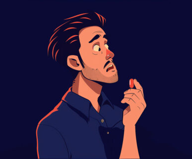 An image of a guy nearly taking a red pill.
