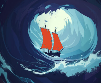 An image of a ship being surrounded by an aggresive water body.