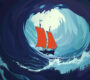 An image of a ship being surrounded by an aggresive water body.